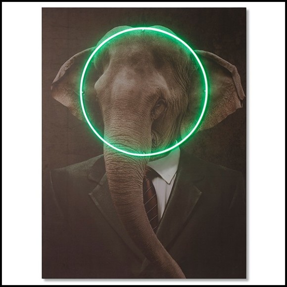 Décoration murale avec photo portrait d'éléphant sur toile et lumière LED néon 192-Elephant Neon