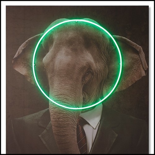 Décoration murale avec photo portrait d'éléphant sur toile et lumière LED néon 192-Elephant Neon