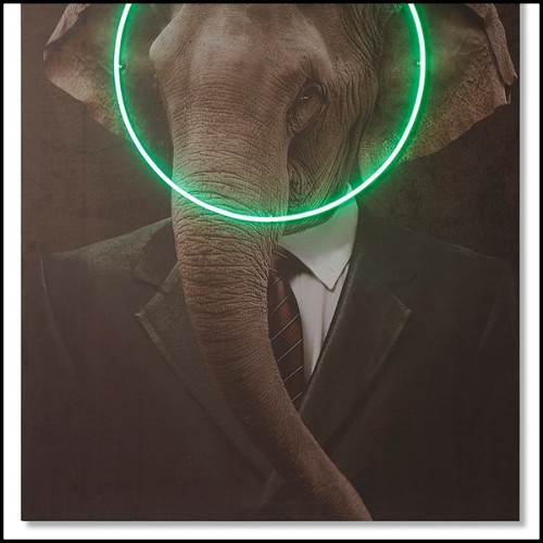 Décoration murale avec photo portrait d'éléphant sur toile et lumière LED néon 192-Elephant Neon