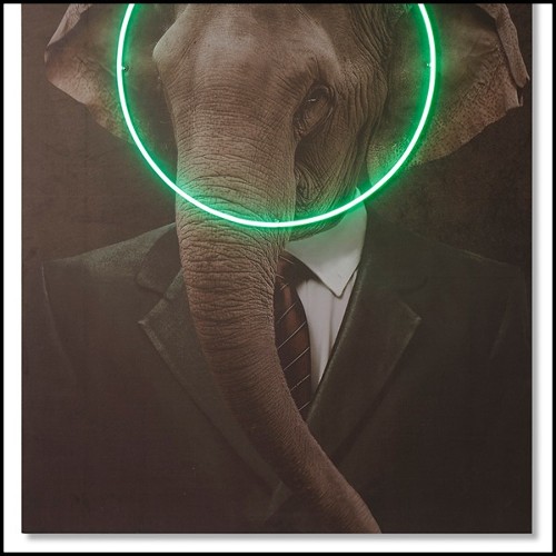 Wall decoration with Elephant portrait photo on canvas with green round LED neon 192-Elephant Neon