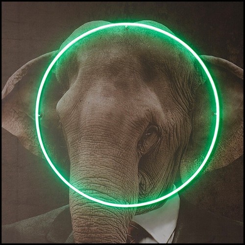 Wall decoration with Elephant portrait photo on canvas with green round LED neon 192-Elephant Neon