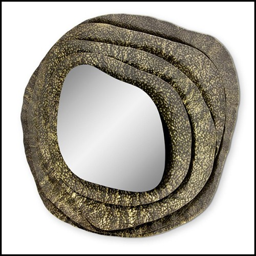 Mirror round with structure in solid hammered brushed brass with a glossy finish 155-Tide Round