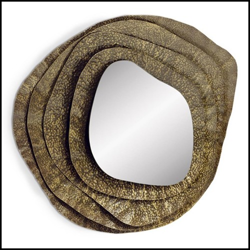 Mirror round with structure in solid hammered brushed brass with a glossy finish 155-Tide Round