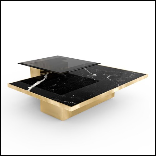 Coffee table with polished brass structure and black marble top and with smoked glass top 164-Gaius