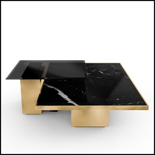 Table basse en laiton poli avec plateau en marbre et plateau en verre fumé noir 164-Gaius