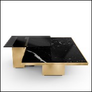 Table basse en laiton poli avec plateau en marbre et plateau en verre fumé noir 164-Gaius