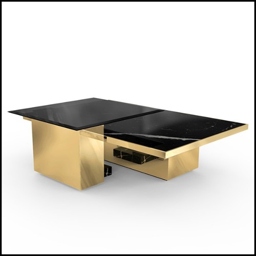 Table basse en laiton poli avec plateau en marbre et plateau en verre fumé noir 164-Gaius