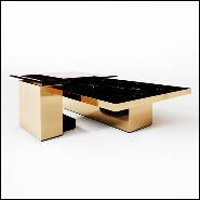 Table basse en laiton poli avec plateau en marbre et plateau en verre fumé noir 164-Gaius