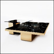 Table basse en laiton poli avec plateau en marbre et plateau en verre fumé noir 164-Gaius