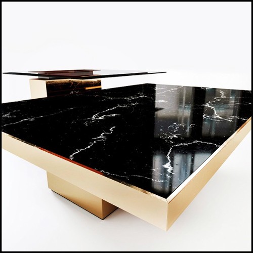 Coffee table with polished brass structure and black marble top and with smoked glass top 164-Gaius
