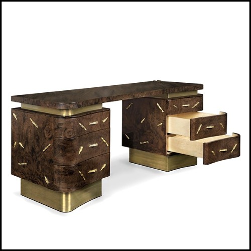Desk with wooden structure with solid walnut veneer in matte finish with solid brass details 155-Tarius