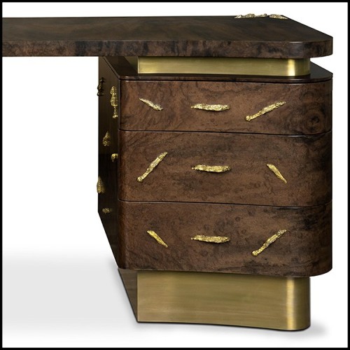 Desk with wooden structure with solid walnut veneer in matte finish with solid brass details 155-Tarius