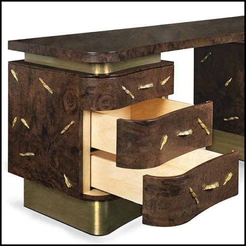 Desk with wooden structure with solid walnut veneer in matte finish with solid brass details 155-Tarius