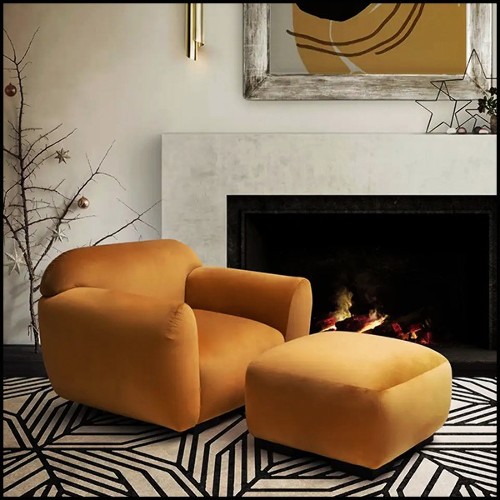 Fauteuil et repose-pieds rembourrés et couverts avec tissu en velours coloris orange fané 155-Theodor Set