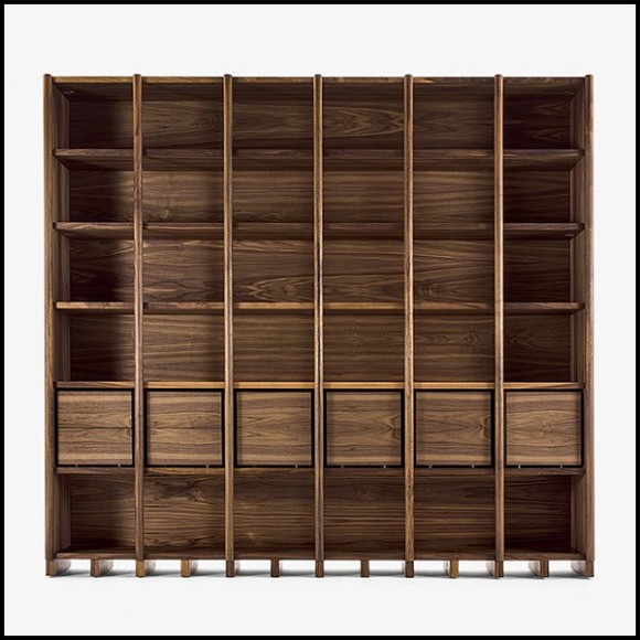 Bookcase with solid walnut wood structure with modular shelves and drawers 154-Library