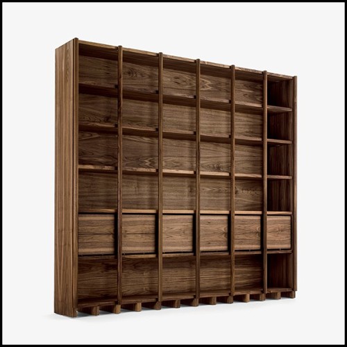 Bookcase with solid walnut wood structure with modular shelves and drawers 154-Library