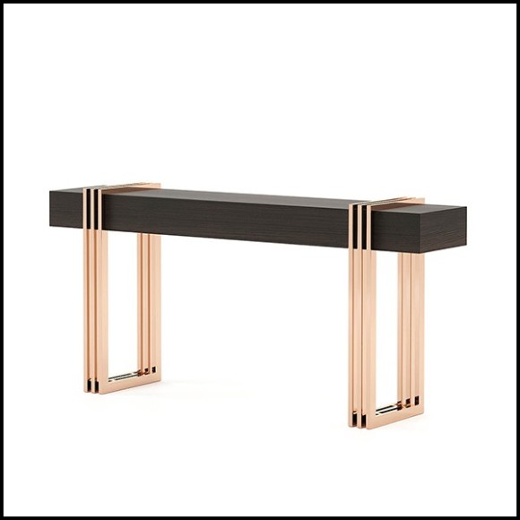 Console avec plateau en eucalyptus finition fumé mate et base en acier inoxydable poli finition cuivrée 174-Reed