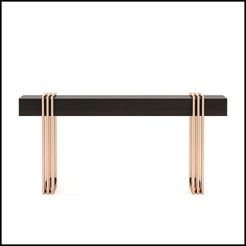 Console avec plateau en eucalyptus finition fumé mate et base en acier inoxydable poli finition cuivrée 174-Reed
