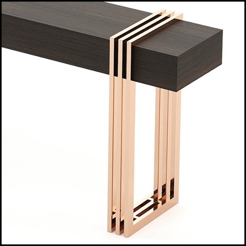 Console avec plateau en eucalyptus finition fumé mate et base en acier inoxydable poli finition cuivrée 174-Reed