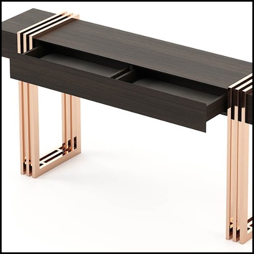 Console avec plateau en eucalyptus finition fumé mate et base en acier inoxydable poli finition cuivrée 174-Reed
