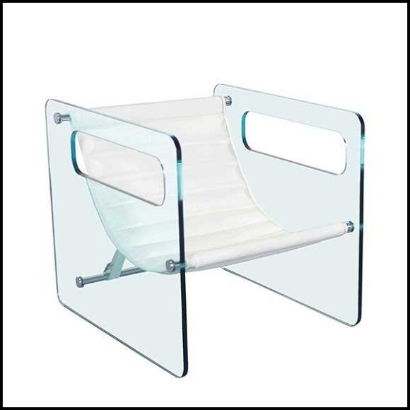 Armchair with left and right sides in clear glass and with seat with white genuine leather 194-Aera