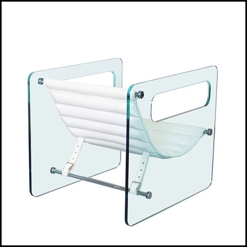 Armchair with left and right sides in clear glass and with seat with white genuine leather 194-Aera