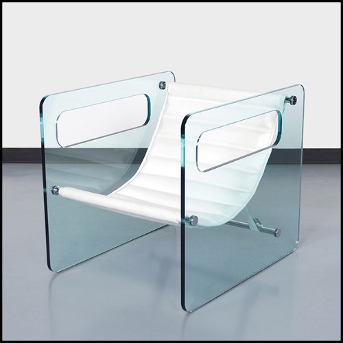 Armchair with left and right sides in clear glass and with seat with white genuine leather 194-Aera