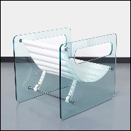 Fauteuil avec côtés gauche et droit en verre clair et assise en cuir blanc véritable 194-Aera