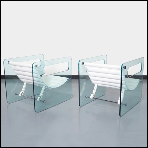 Fauteuil avec côtés gauche et droit en verre clair et assise en cuir blanc véritable 194-Aera