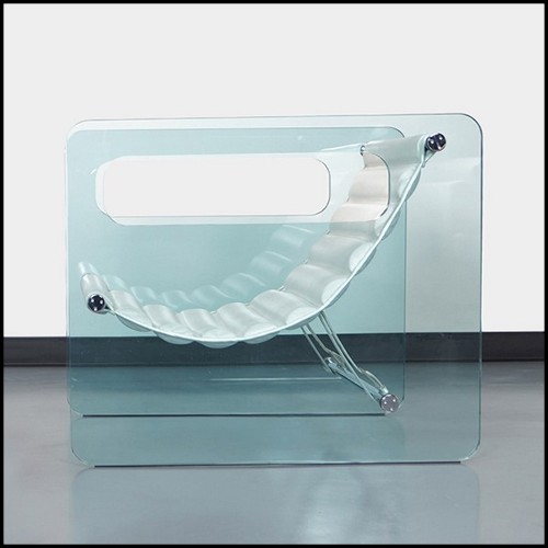 Fauteuil avec côtés gauche et droit en verre clair et assise en cuir blanc véritable 194-Aera