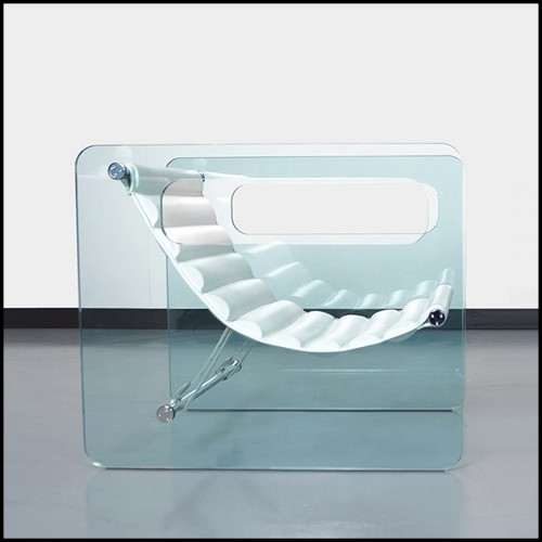 Armchair with left and right sides in clear glass and with seat with white genuine leather 194-Aera