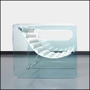 Armchair with left and right sides in clear glass and with seat with white genuine leather 194-Aera