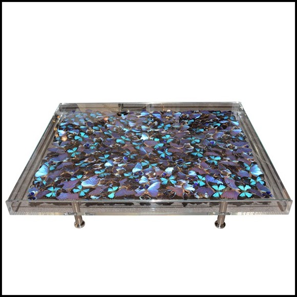 Table basse avec près de 330 papillons sous cadre en plexiglass et plateau en verre PC-Blue Butterflies