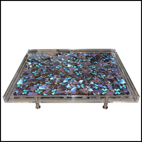 Table basse avec près de 330 papillons sous cadre en plexiglass et plateau en verre PC-Blue Butterflies