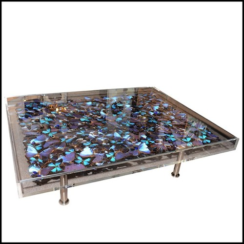 Table basse avec près de 330 papillons sous cadre en plexiglass et plateau en verre PC-Blue Butterflies