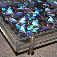 Table basse avec près de 330 papillons sous cadre en plexiglass et plateau en verre PC-Blue Butterflies