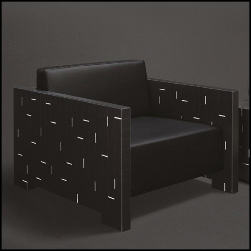 Fauteuil couvert avec carrés de cuir véritable noir avec petites tiges blanches en cuir 189-Rods Leather