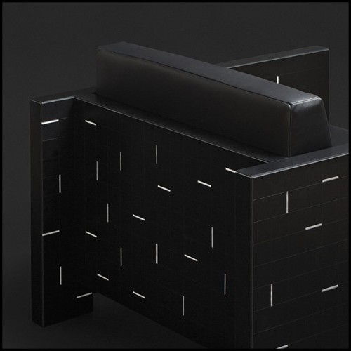 Fauteuil couvert avec carrés de cuir véritable noir avec petites tiges blanches en cuir 189-Rods Leather