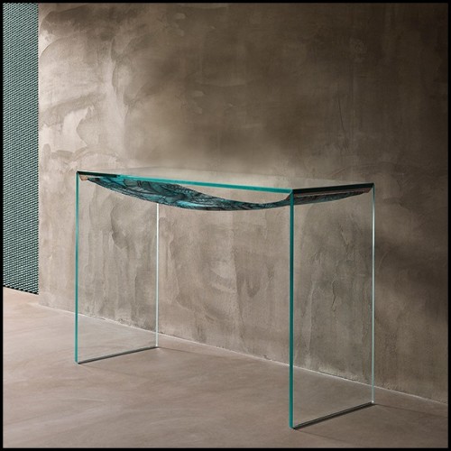 Console table with extra clear glass with leaves printed on fabric under the top 194-Green Leaves