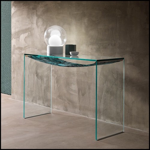 Console table with extra clear glass with leaves printed on fabric under the top 194-Green Leaves