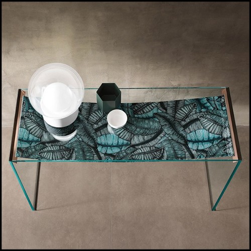 Console avec structure en verre extra clair et avec motif de feuilles imprimé sur tissu 194-Green Leaves