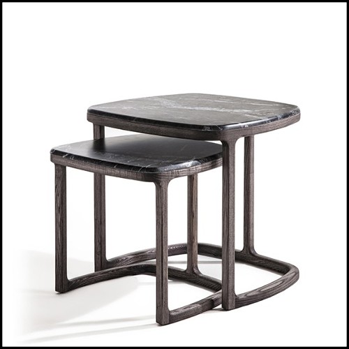 Table d'appoint set de 2 en frêne massif finition coffee avec plateaux en marbre dark grey 163-Asher Set of 2