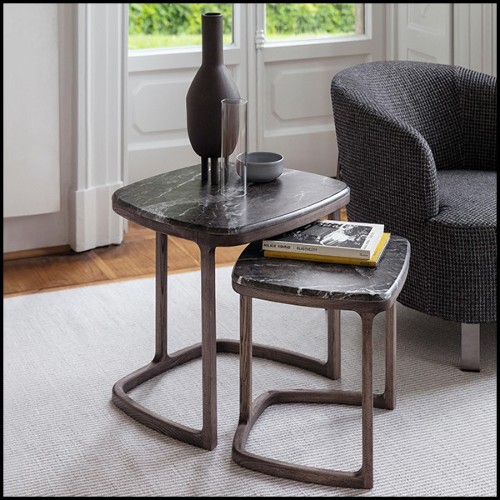 Side table set of 2 in solid ashwood in stained coffee finish with marble top 163-Asher Set of 2