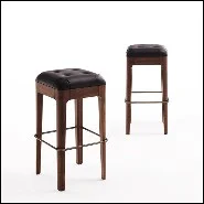 Tabouret de bar en noyer massif rembourré et couvert avec cuir noir véritable capitonné 163-Leon