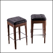 Tabouret de bar en noyer massif rembourré et couvert avec cuir noir véritable capitonné 163-Leon