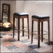 Bar stool in solid walnut wood with stainless steel footrest and covered with black genuine leather 163-Leon