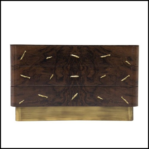 Chest of drawers in solid walnut veneer with polished brass details and brushed aged brass base 155-Tarius