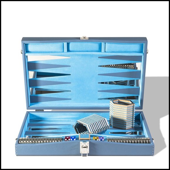 Backgammon en cuir grainé véritable avec détails en laiton plaqué nickel et accessoires de jeu 186-Bluesky