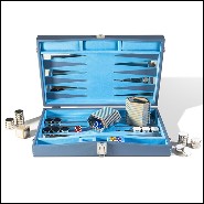 Backgammon en cuir grainé véritable avec détails en laiton plaqué nickel et accessoires de jeu 186-Bluesky
