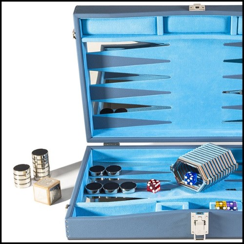 Backgammon in grained leather with nickel-plated brass details and game accessories 186-Bluesky